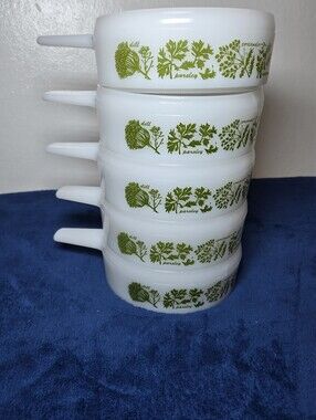 Vintage Set Of 5 Jeanette Glasbake Herbs Stackable Milk Glass Soup Bowl Crocks